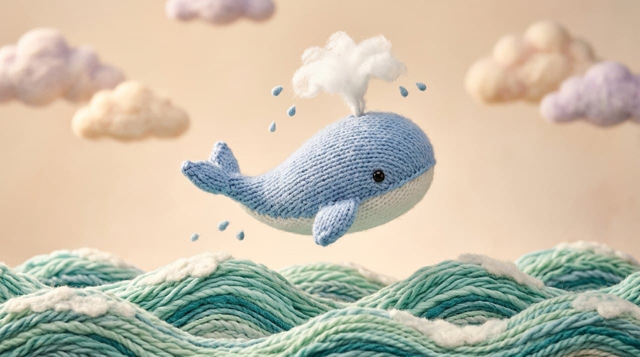 Frame of a knitted whale in stop motion