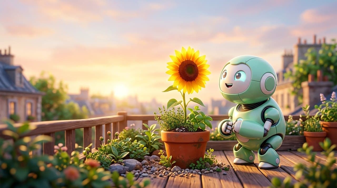 Frame of a 3D animated robot garden